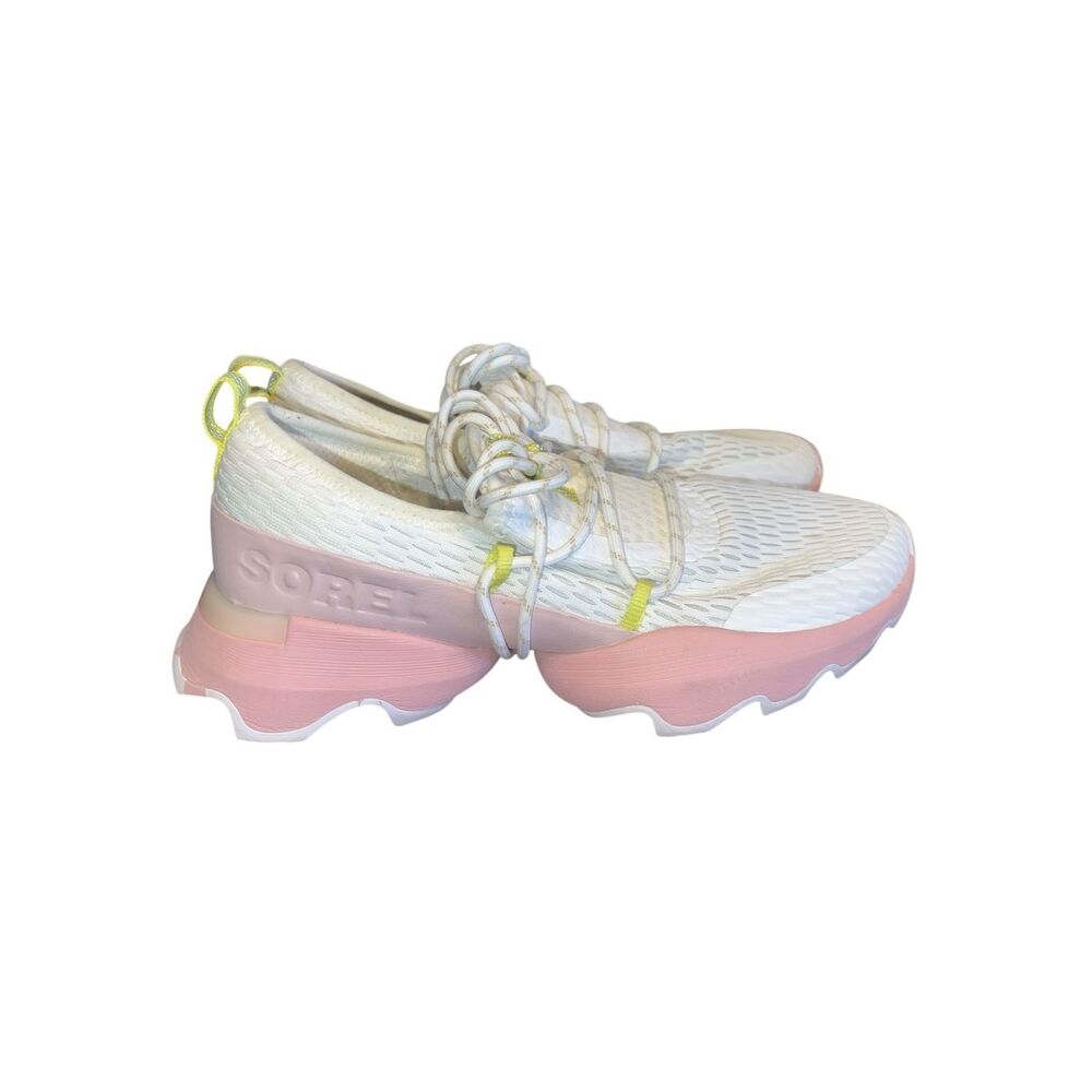 Sorel Women's White Pink Athletic Sneakers with Neon Yellow Accents